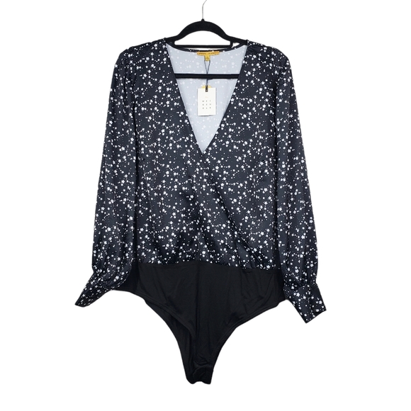 Eloquii Tops - Eloquii Black White Long Sleeve Star Print Satin Bodysuit Size 18 NWT